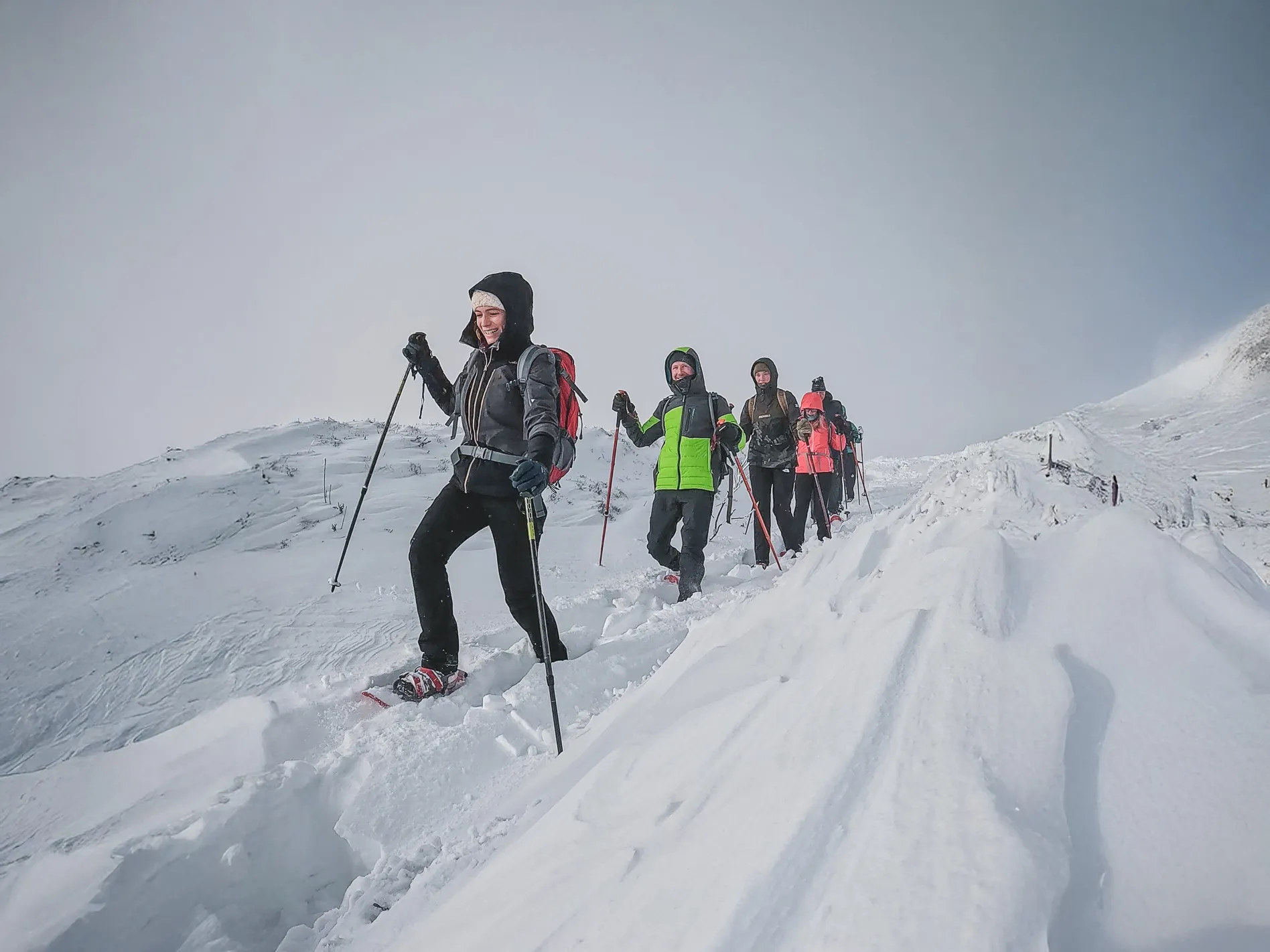 Een groep sneeuwschoenwandelaars baant zich vrolijk een weg door de sneeuw in de Vogezen.
