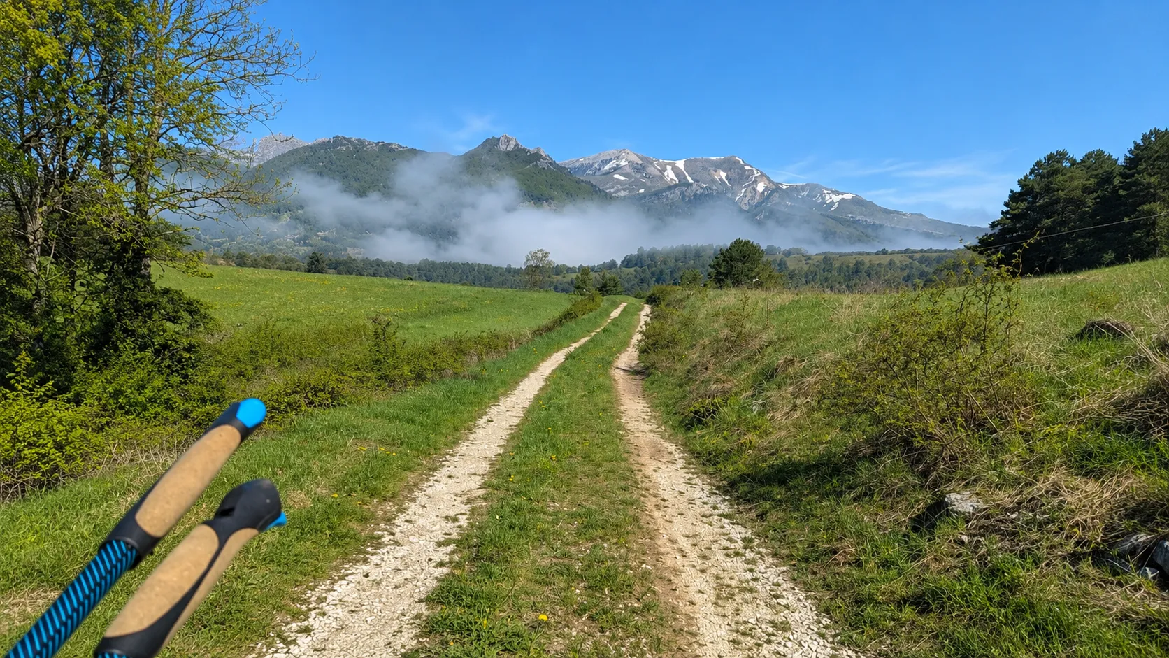 Chemin de gravier verdoyant avec montagnes en arrière-plan, ciel bleu et nuages légers.