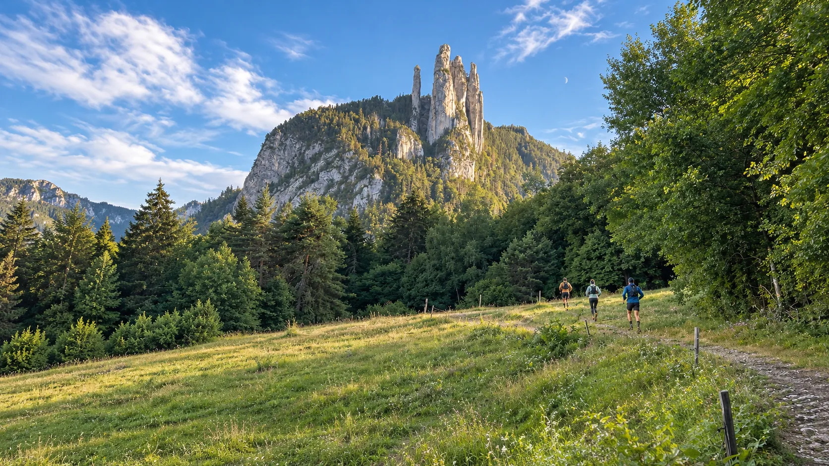 Randonneurs sur un sentier verdoyant devant des montagnes majestueuses sous un ciel bleu pur.