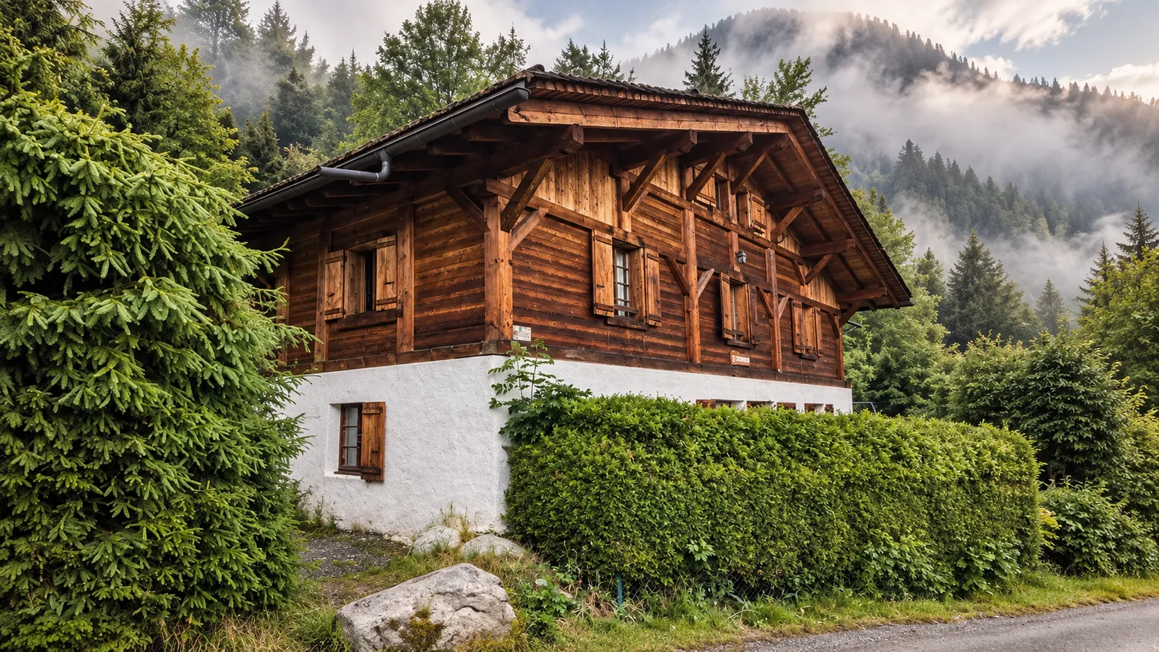 A charming wooden house, surrounded by greenery and mountains, in the heart of the Alpine countryside.