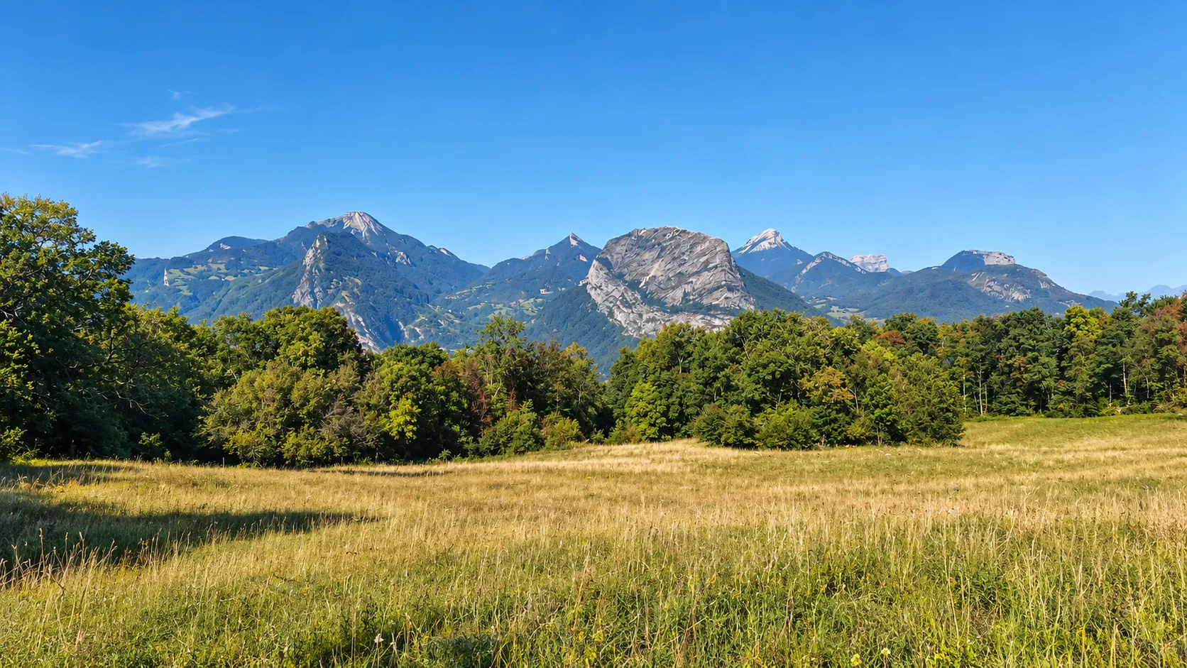 Magnifique panorama des massifs alpins autour de Grenoble, ciel bleu et verdure apaisante.