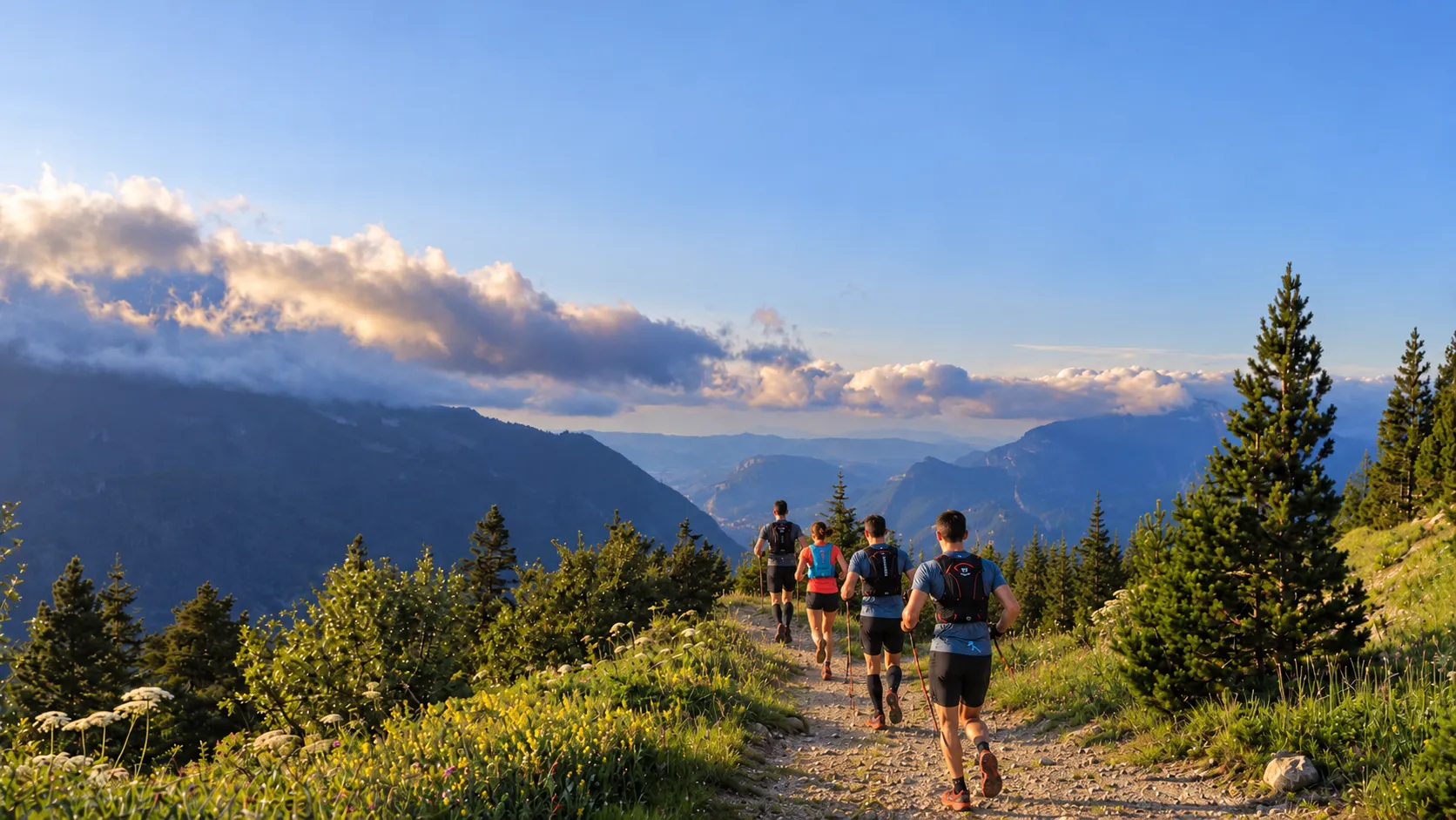 Coureurs sur un sentier montagneux ensoleillé, entourés de paysages verdoyants et majestueux.