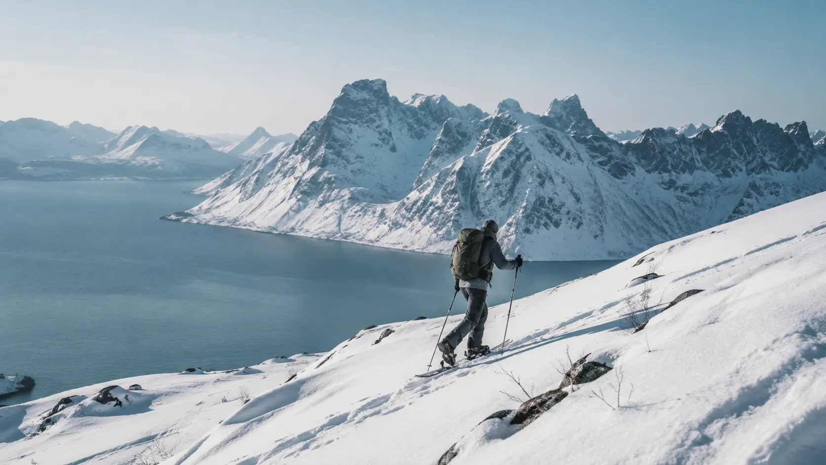 Randonneur en raquettes sur un paysage de fjord enneigé à Senja, Norvège, sous un ciel serein.