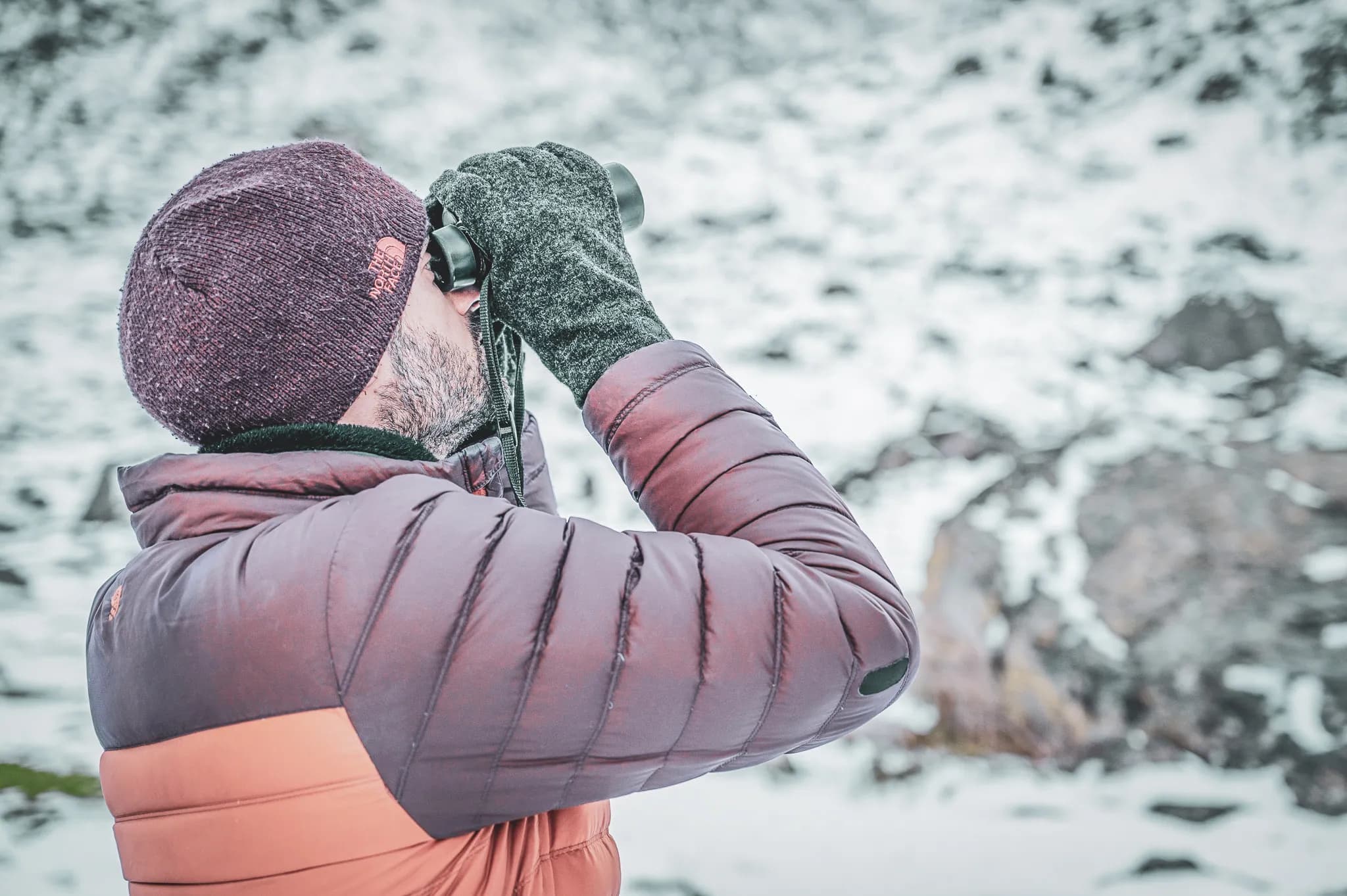 A hiker observes the wildlife of the Pyrenees through binoculars, surrounded by snow-covered landscapes.