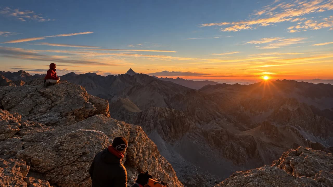 Deux aventuriers admirent un lever de soleil spectaculaire sur les Alpes, au sommet des rochers.