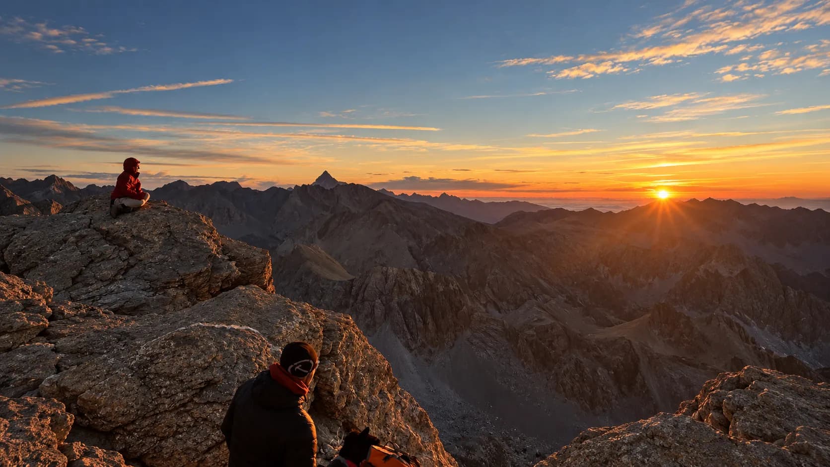 Deux aventuriers admirent un lever de soleil spectaculaire sur les Alpes, au sommet des rochers.