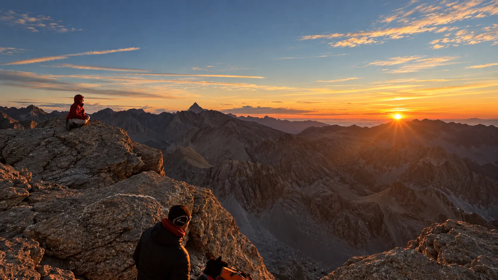 Deux aventuriers admirent un lever de soleil spectaculaire sur les Alpes, au sommet des rochers.