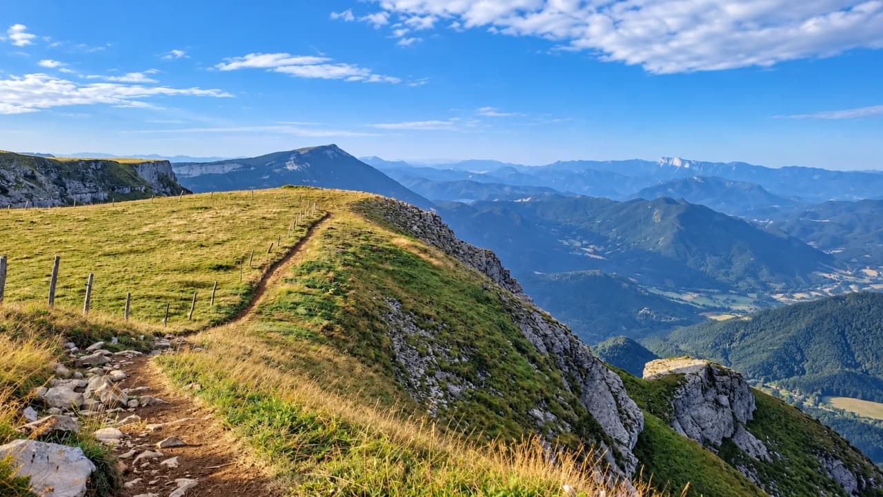 A winding path overlooking majestic mountain scenery beneath a brilliant blue sky.