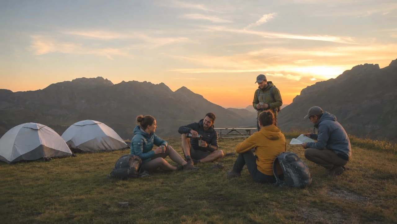 A group of friends share a convivial moment as the sun sets over the majestic mountains.