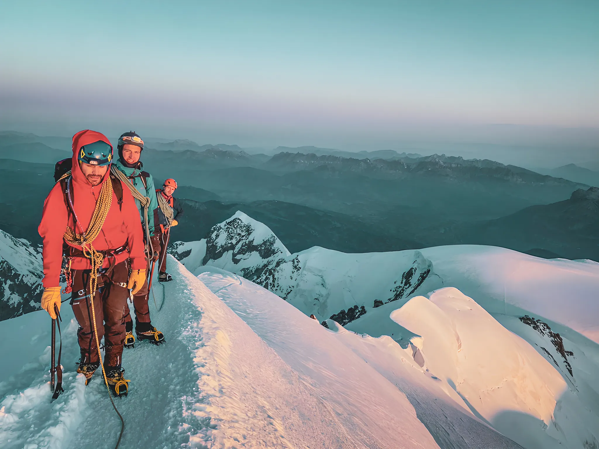 Groupe d'alpinistes sur une crête enneigée, admirant les sommets des Alpes au lever du soleil.