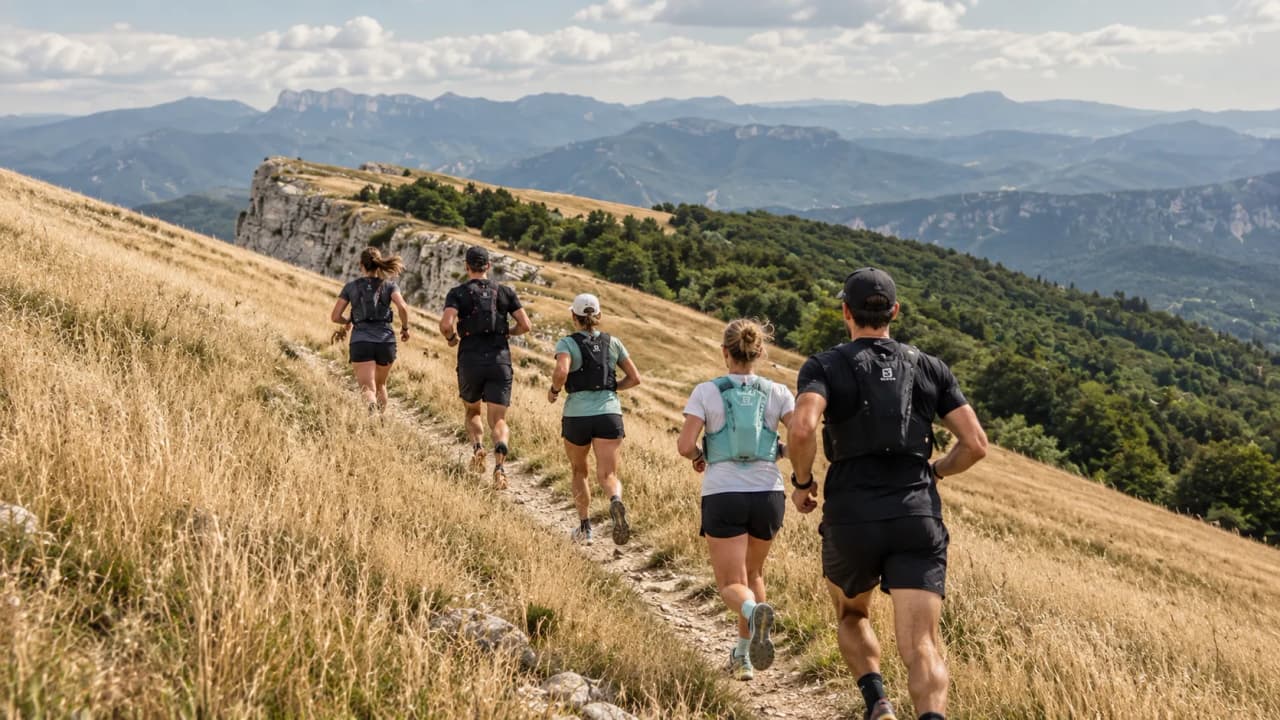 Runners are making their way along a sun-drenched path in the Vercors, surrounded by mountainous scenery.