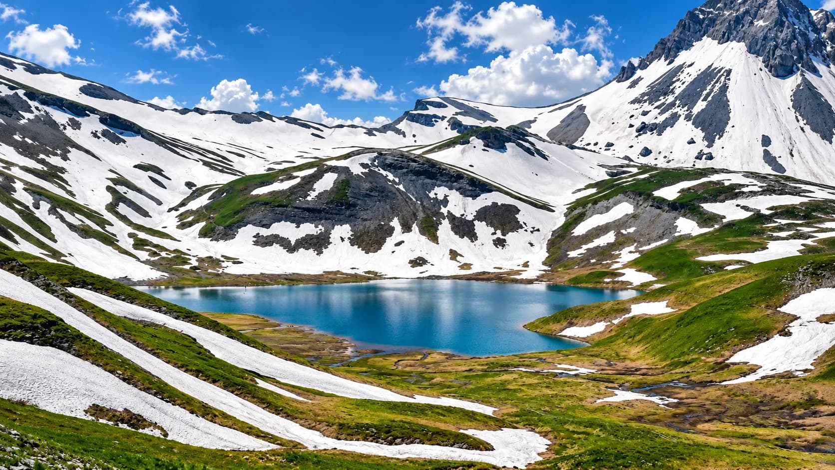 A magnificent turquoise lake surrounded by snow-capped and lush green mountains beneath a blue sky.