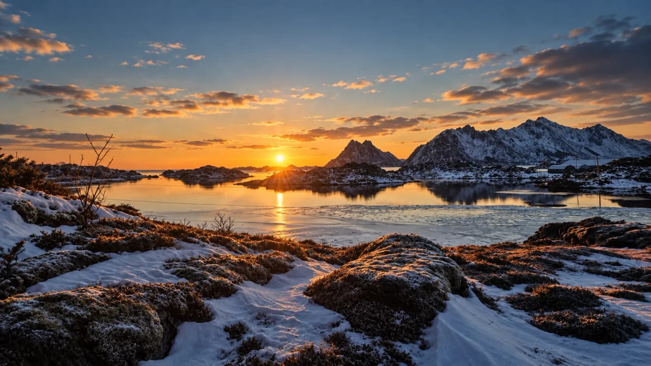 Magnifique lever de soleil sur les montagnes enneigées des Lofoten, reflet dans l'eau paisible.