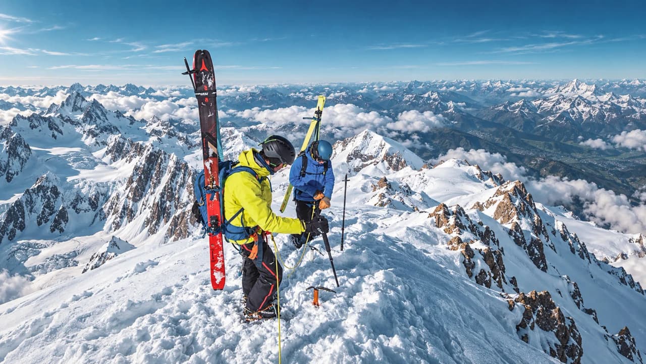 Deux skieurs en haute montagne, se préparant à ascensionner le Mont Blanc sous un ciel ensoleillé.