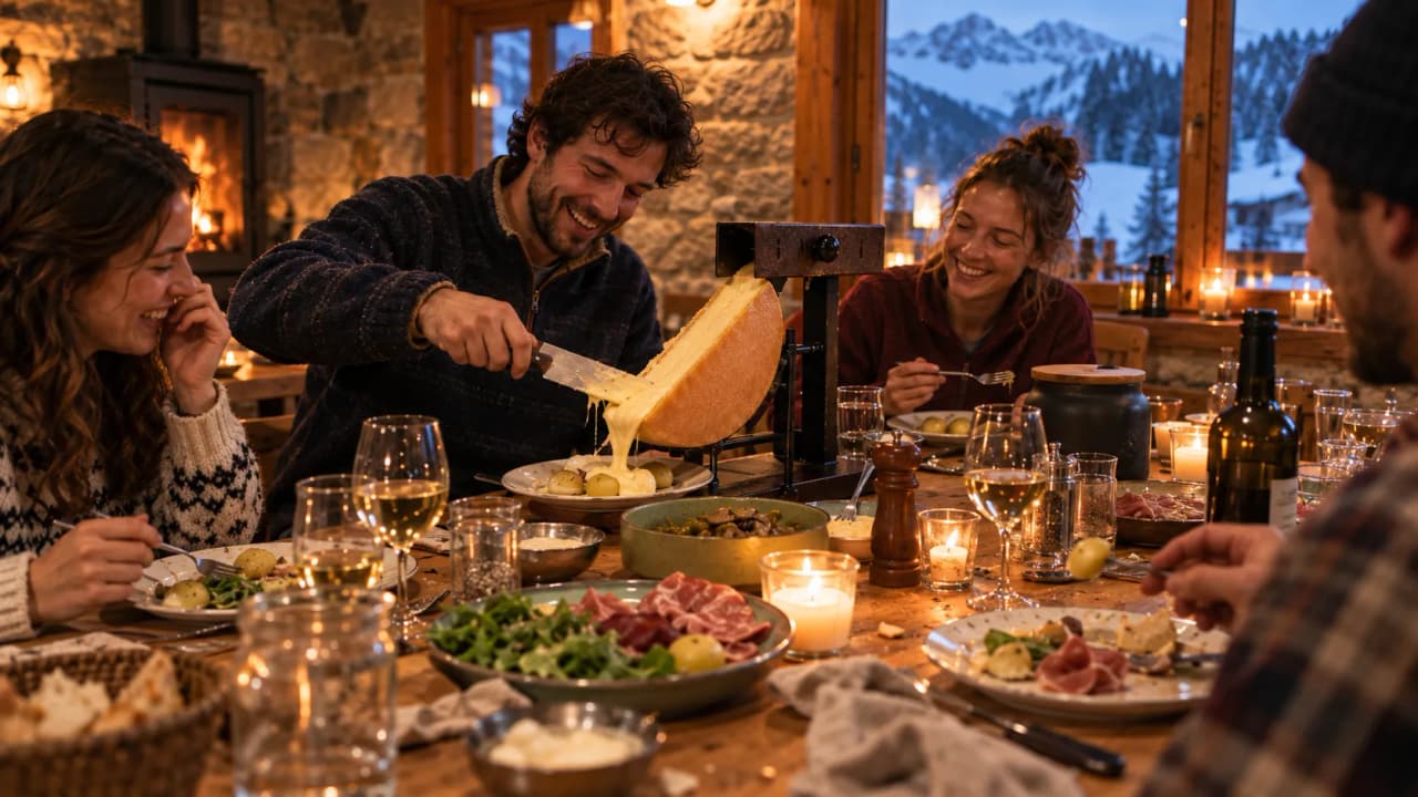 A group of friends are enjoying a raclette by the fireside, with snow-capped mountains in the background.