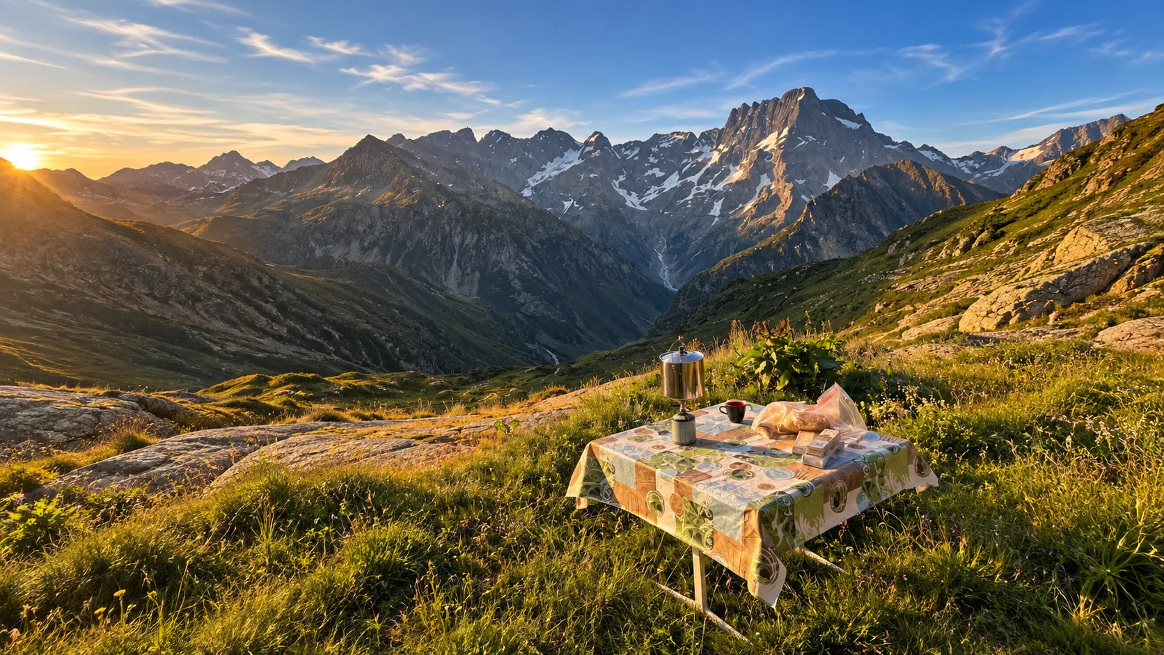 Bivouac idyllique aux Écrins : table dressée face à des montagnes majestueuses au coucher du soleil.
