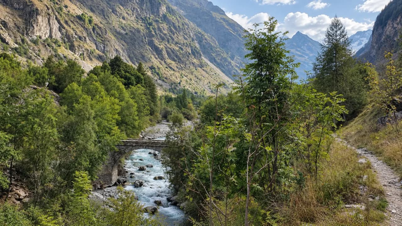 An enchanting alpine landscape with a stream, an old bridge and majestic mountains in the background.