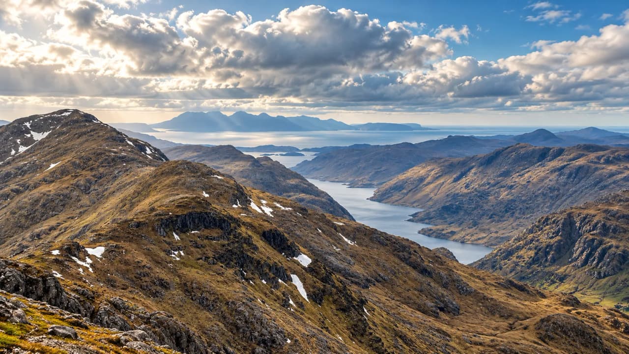 Panorama from a ridge over a winding loch and the Highland mountains under a bright sky