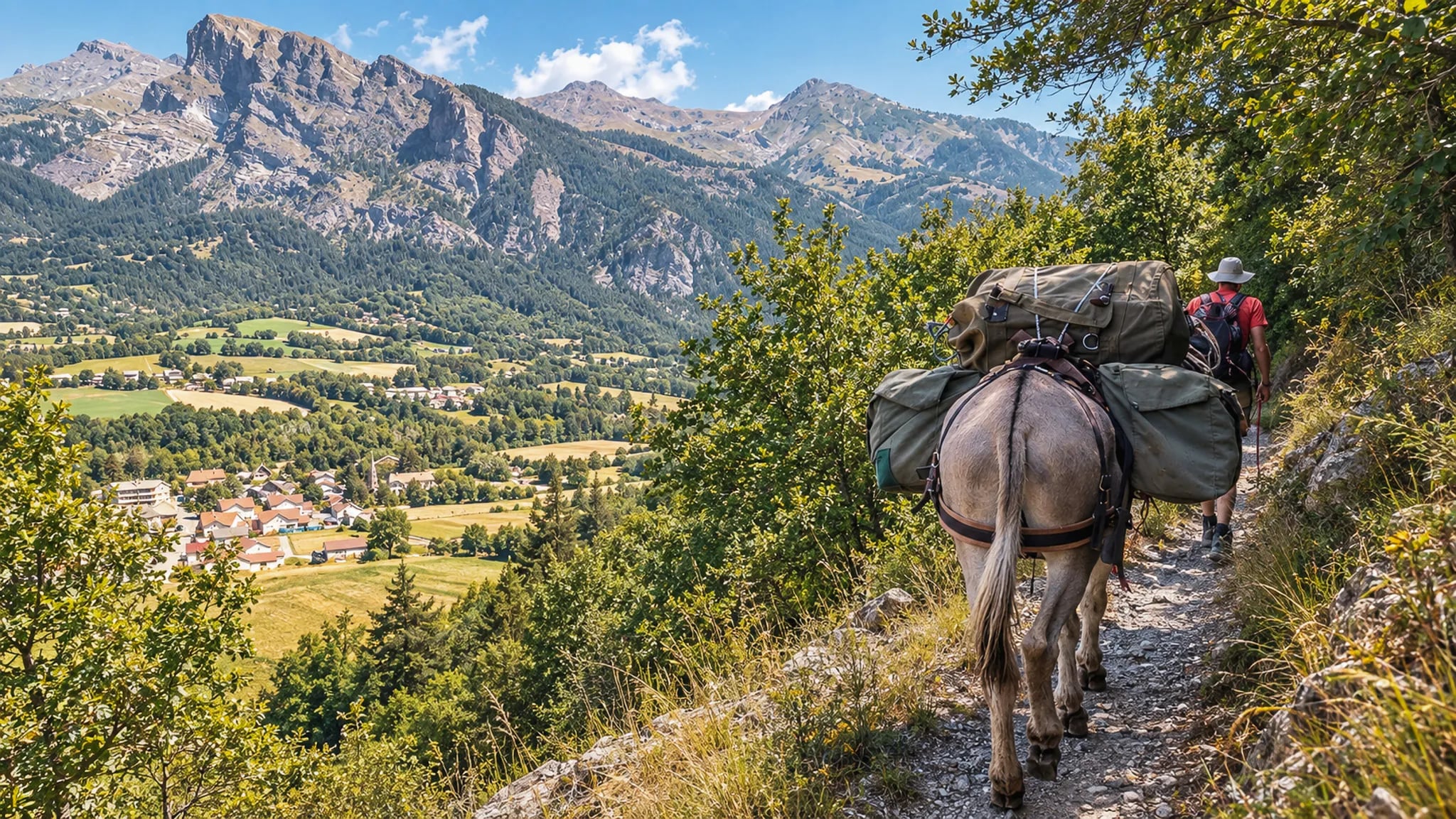 Randonnée tranquille avec un âne dans les Écrins, paysages alpins et nature préservée.