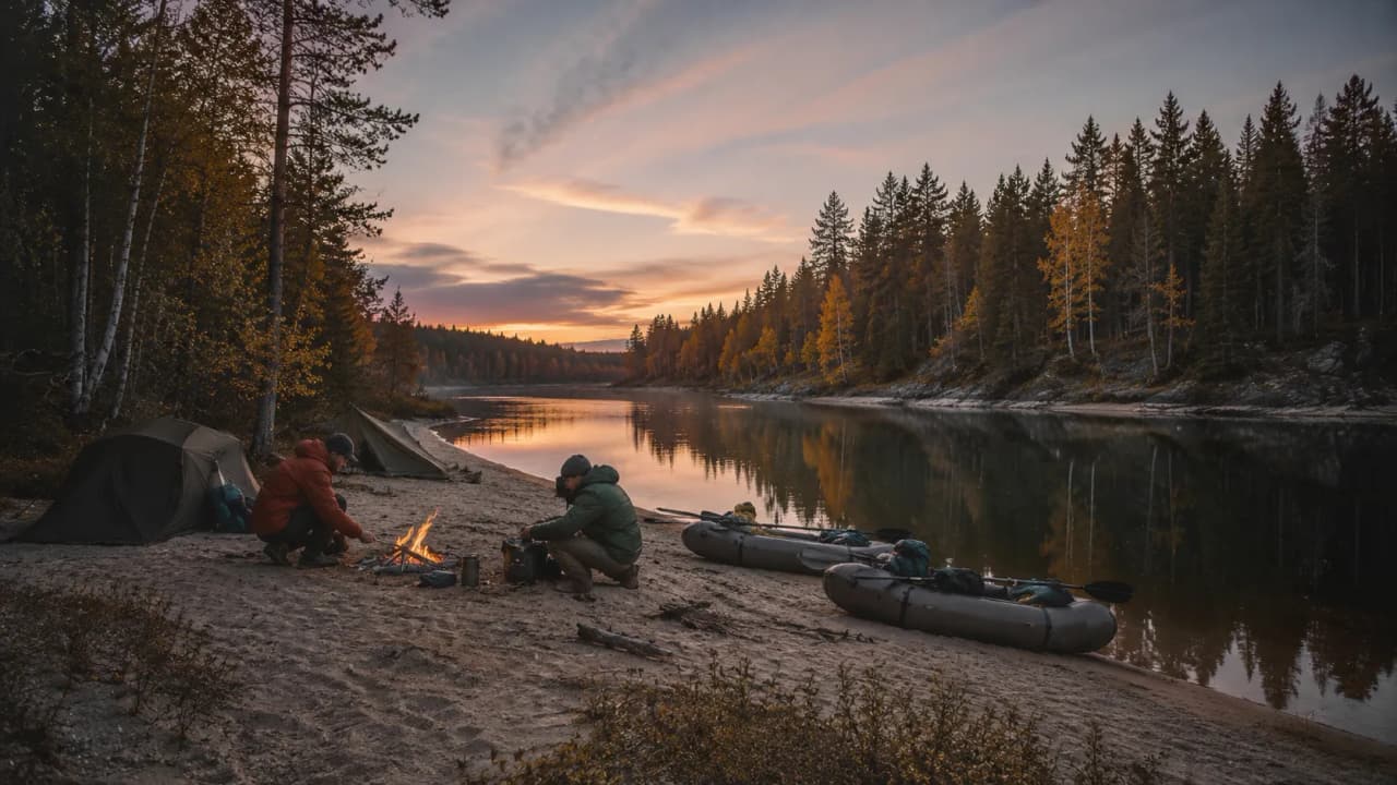 Camps sur les rives d'une rivière paisible, feu de camp sous un coucher de soleil doré.