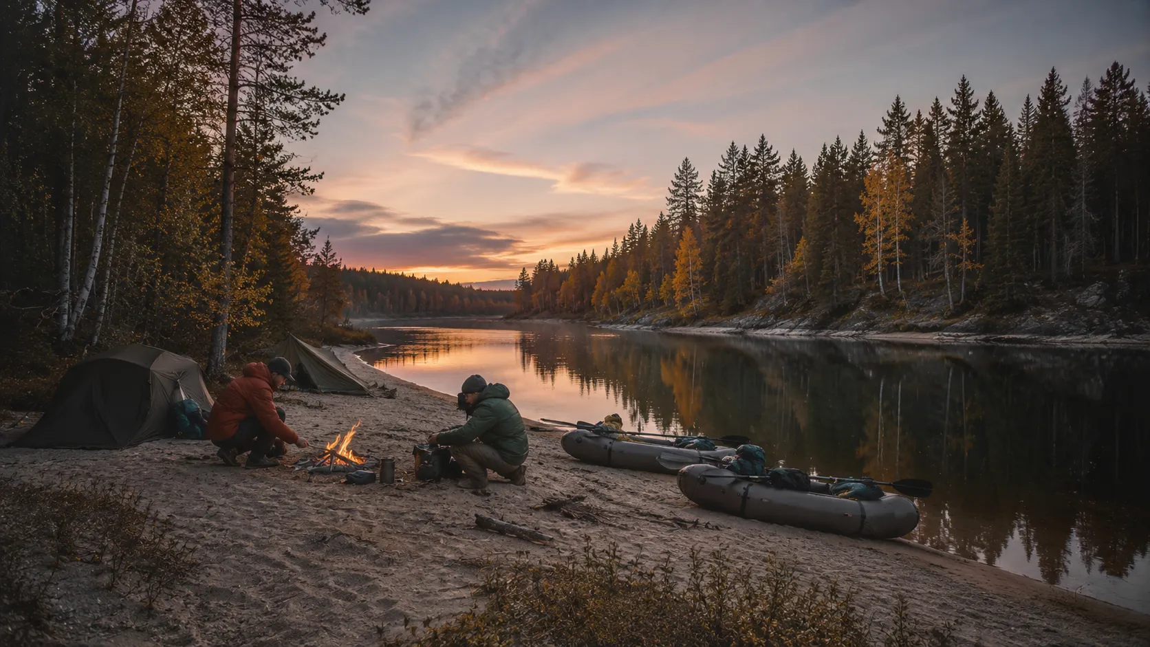Camps on the banks of a peaceful river, campfire under a golden sunset.