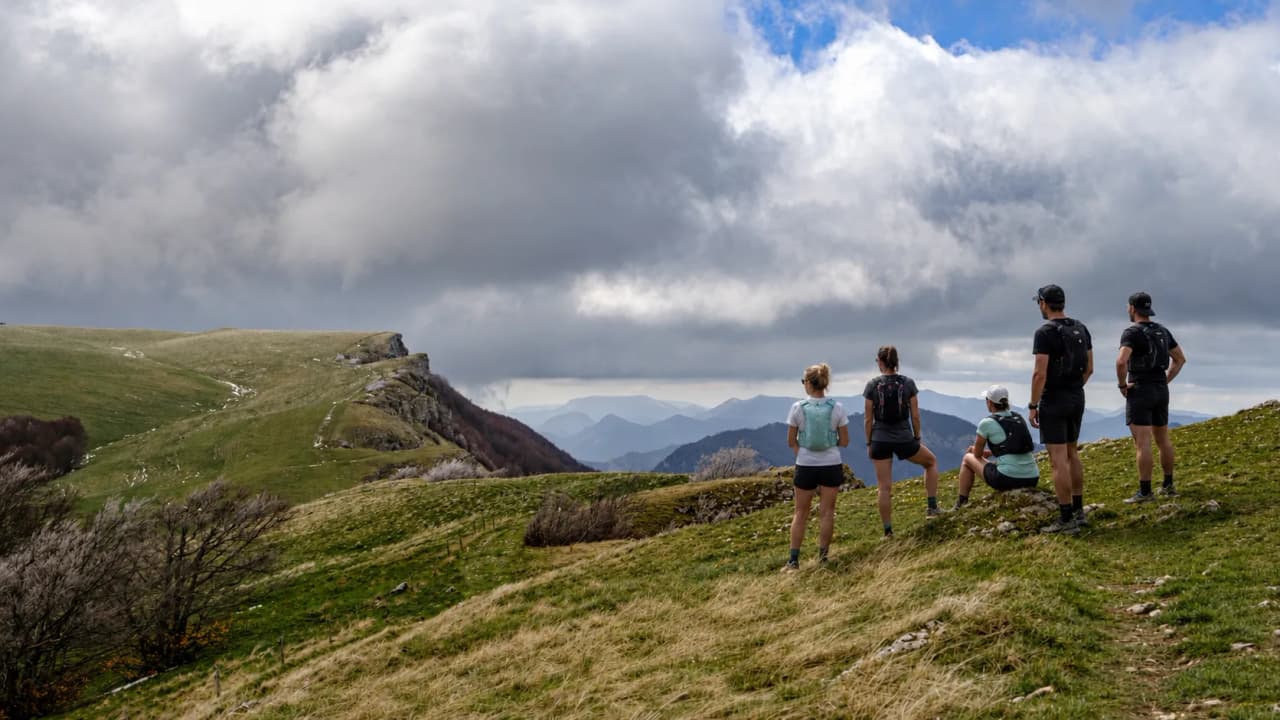 A group of walkers are admiring the lush green views of the Vercors under a cloudy sky.
