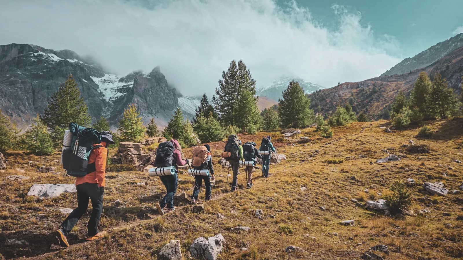 Groupe de randonneurs avançant dans les Alpes, avec des paysages majestueux en arrière-plan.