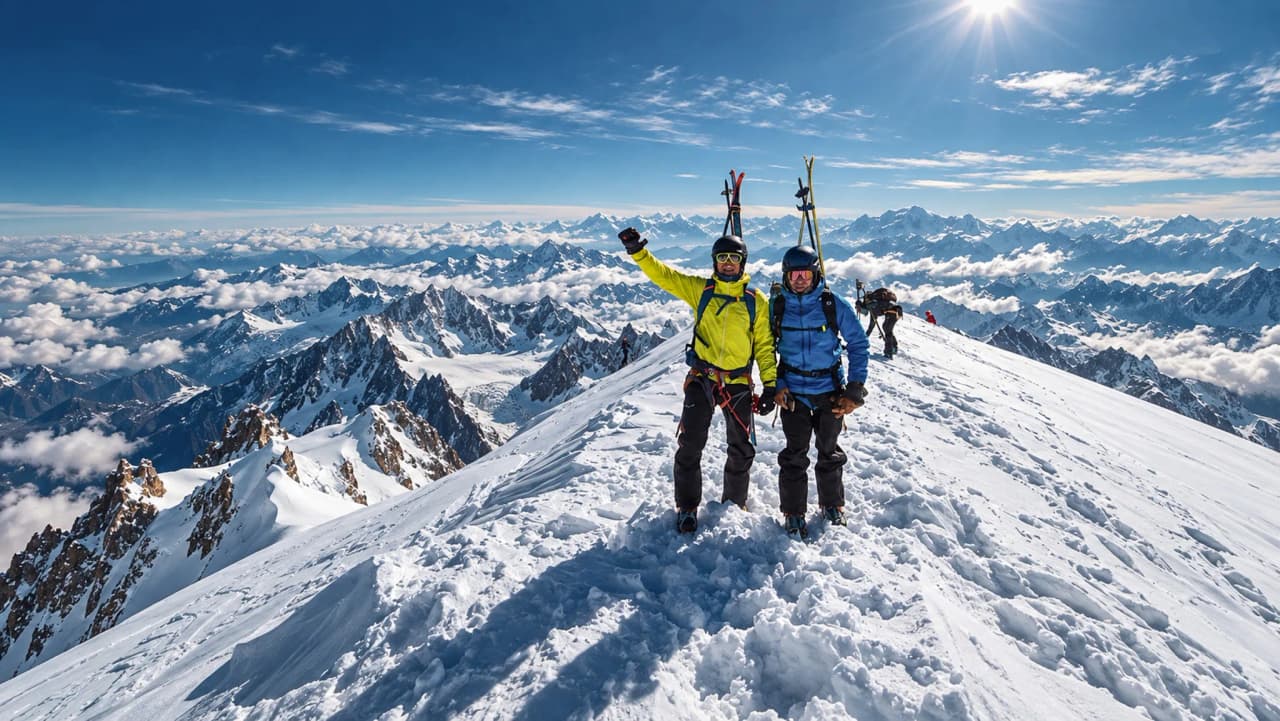 Deux skieurs souriants au sommet du Mont Blanc, avec des paysages alpins à couper le souffle.