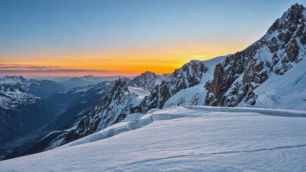 Coucher de soleil sur les sommets enneigés des Alpes, vue imprenable depuis le Mont Blanc.