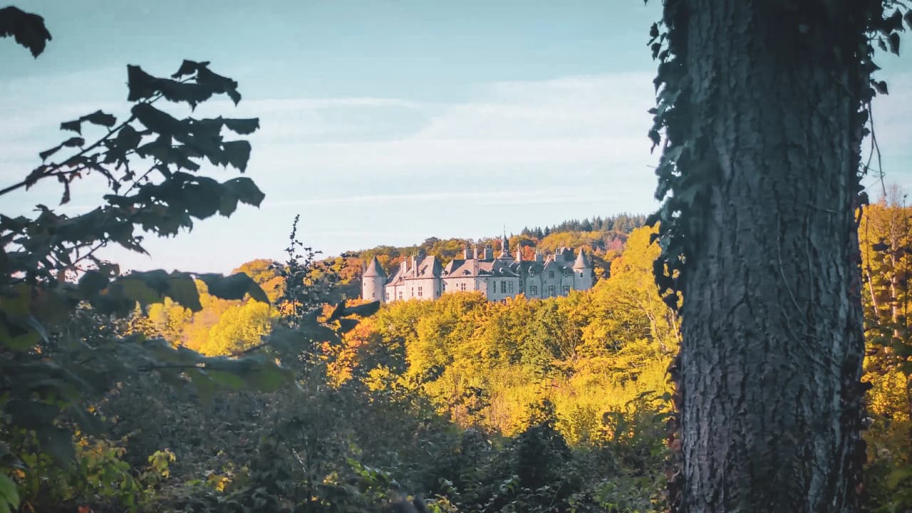 Château nestling among golden trees, with idyllic views over the Lesse valley.