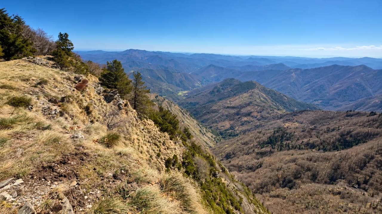 A breathtaking panoramic view of the Cévennes, set against a backdrop of lush green hills and azure skies.