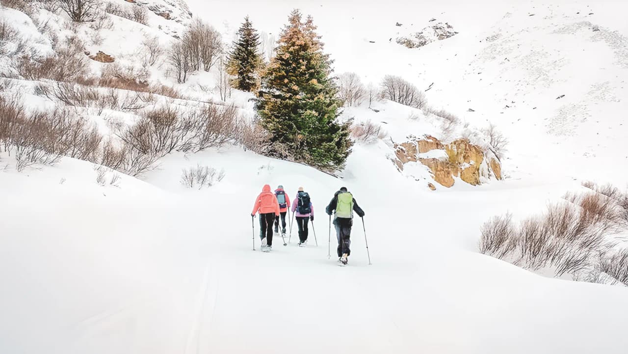 Randonneurs de dos marchant dans un paysages montagneux enneigé