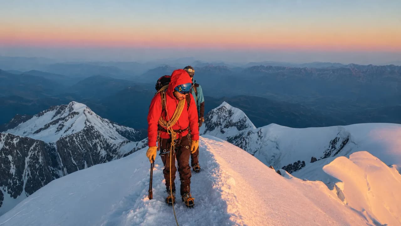Twee bergbeklimmers beklimmen de besneeuwde top van de Mont Blanc bij zonsopgang. Gegarandeerd verbluffend!