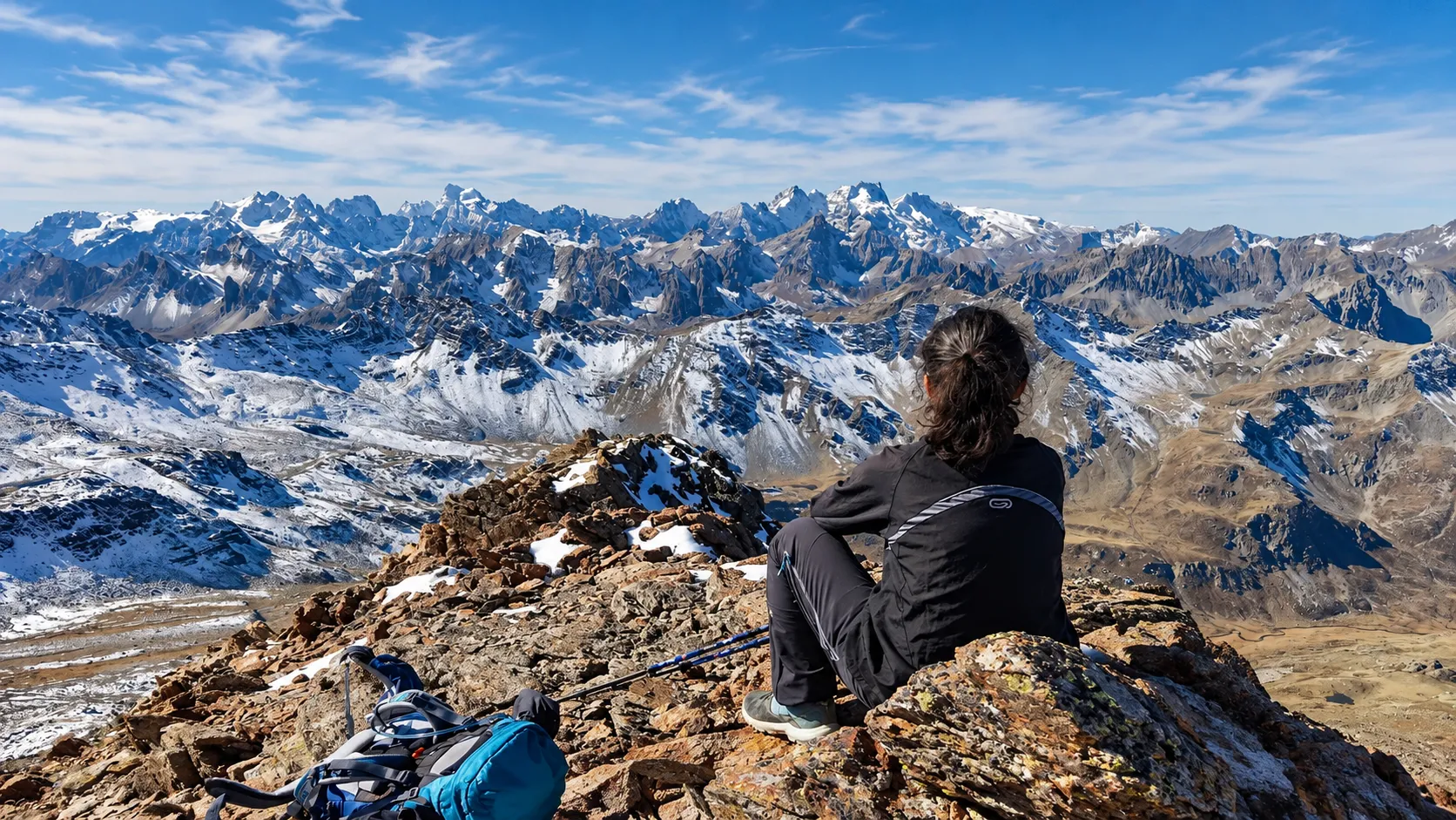 A hiker gazing at a splendid mountain panorama with eternal snows – an invitation to adventure.