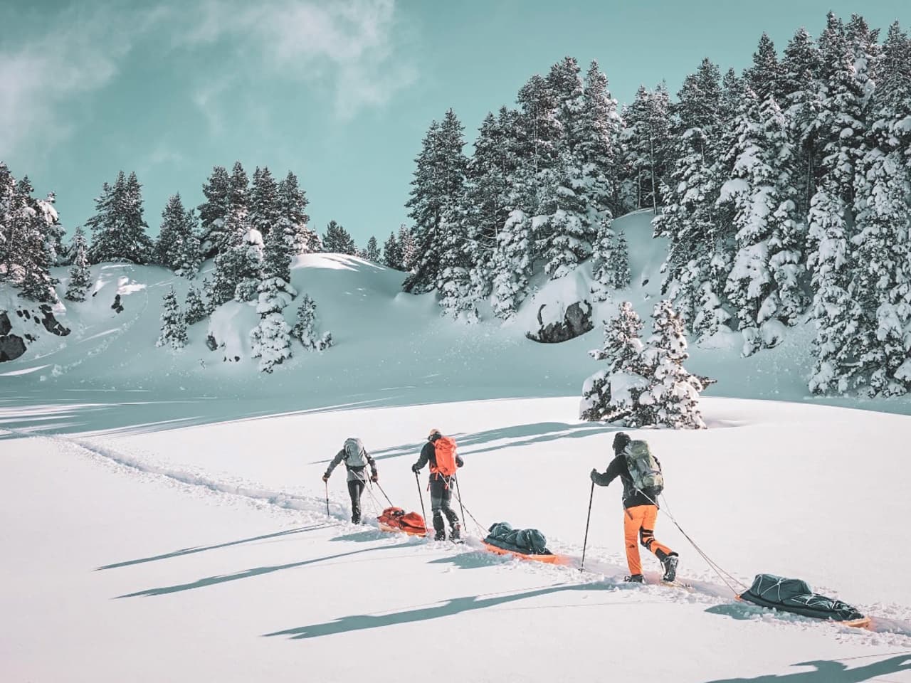 Een groep avonturiers op sneeuwschoenen die pulka’s voorttrekken in een besneeuwd landschap in de Vercors.