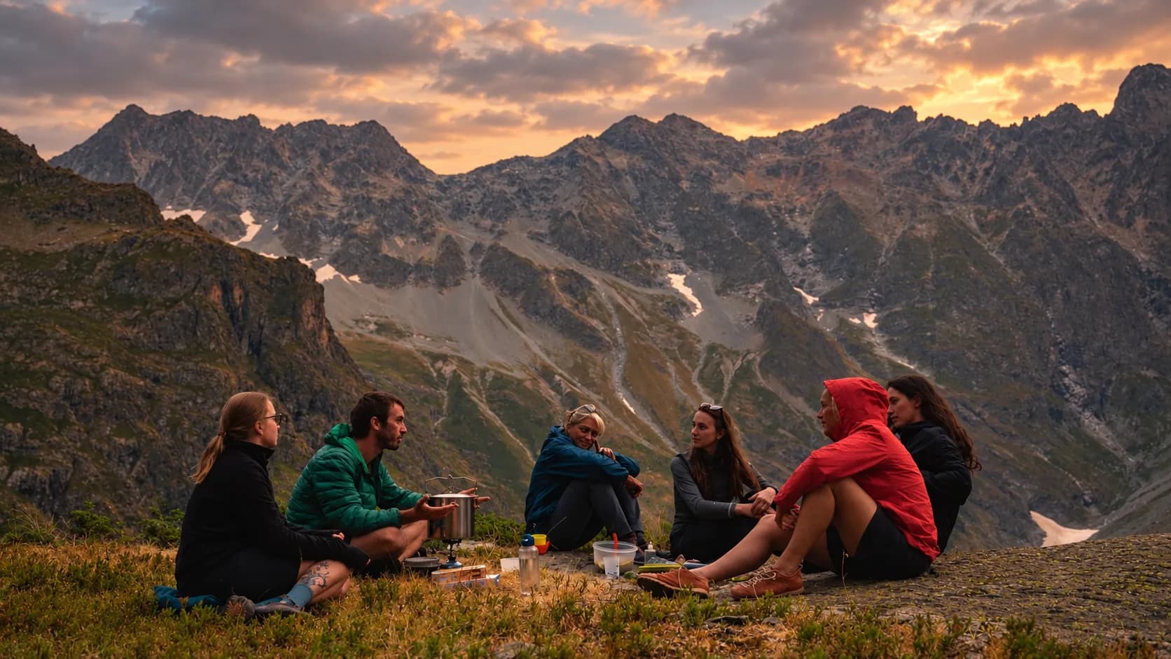 Groupe d'amis partageant un repas en pleine nature, avec des montagnes majestueuses en arrière-plan.