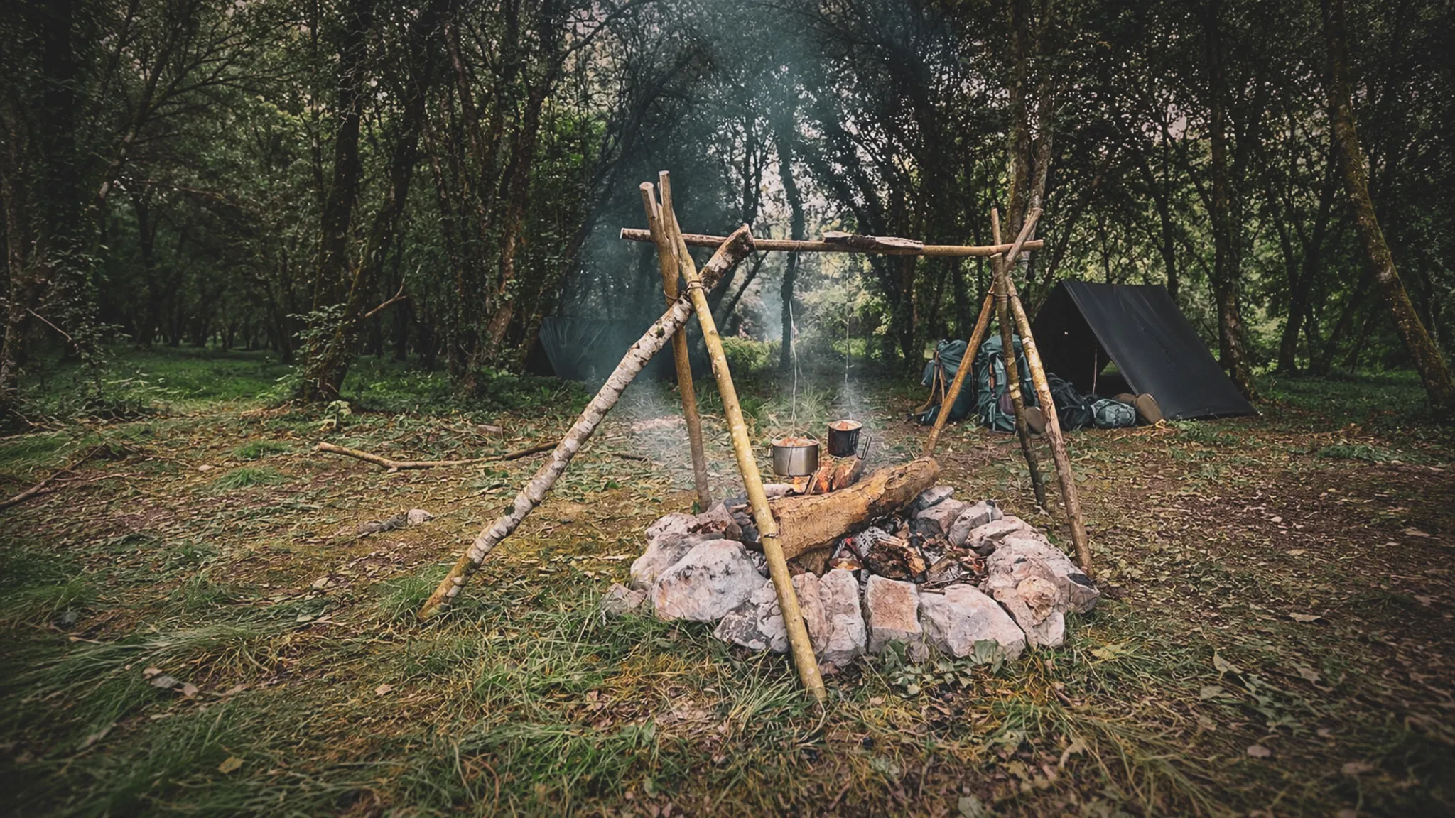 Un feu de camp réchauffe la forêt ardennaise, invitant à l'aventure en pleine nature.
