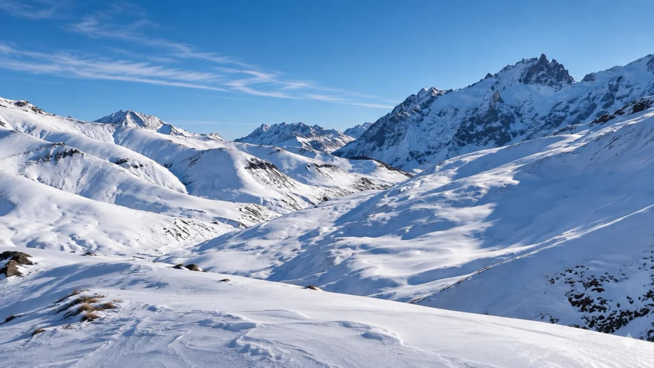 A snow-covered mountain landscape, with majestic peaks beneath a brilliant blue sky, beckoning you to set off on an adventure.