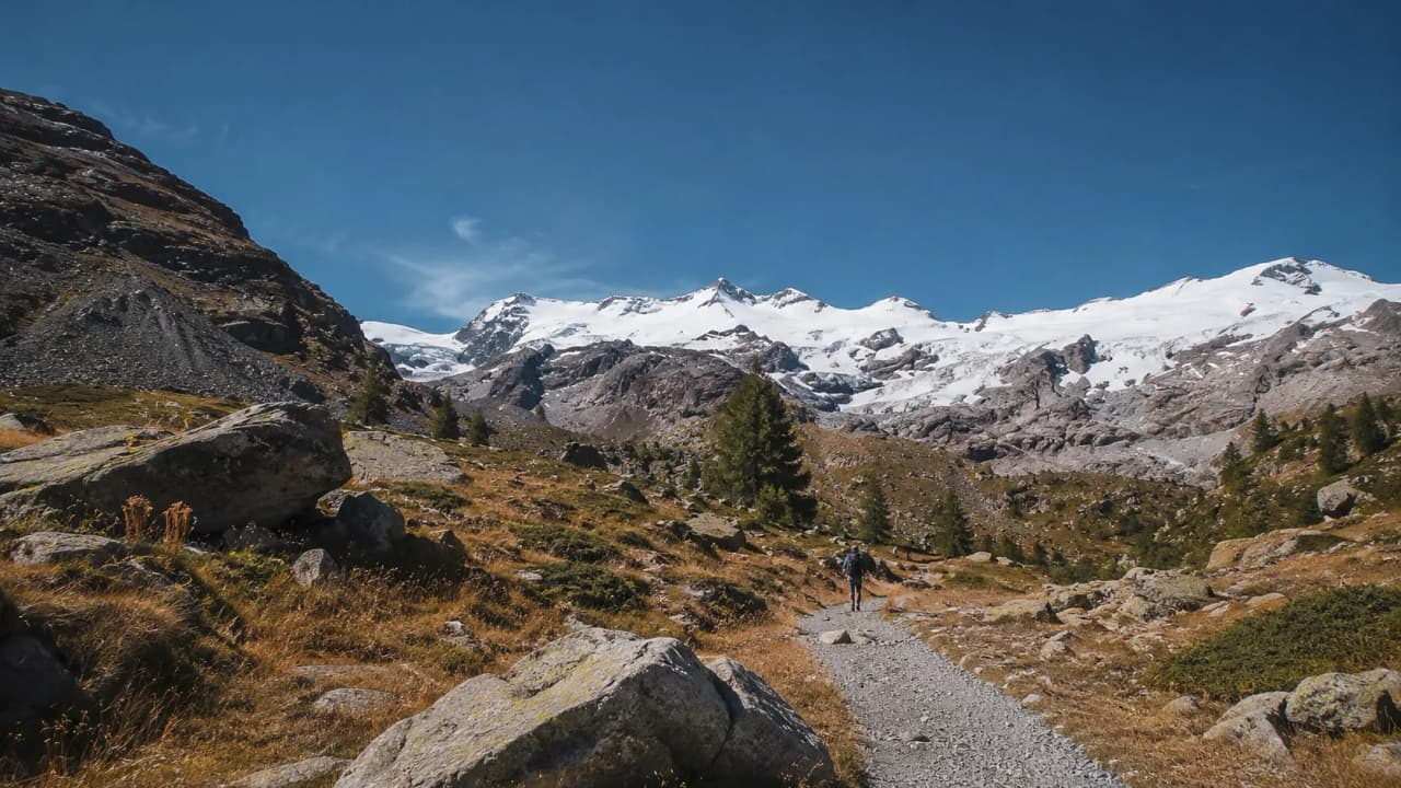 A hiking trail leading to the magnificent snow-capped peaks of the Swiss Alps, with an adventurous atmosphere.