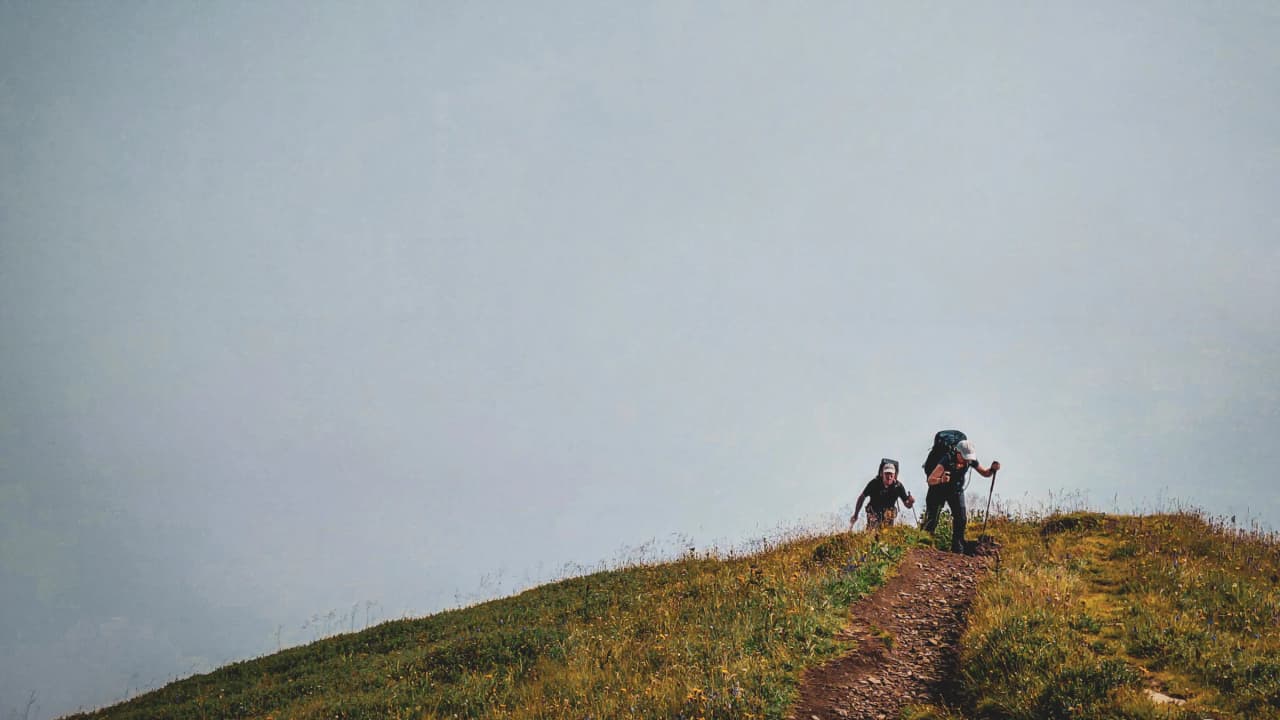 Two walkers are climbing a lush mountain pass under a misty sky, exploring the Alps.