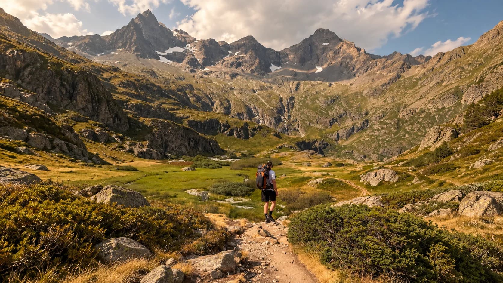 Un randonneur dans la vallée sauvage des Écrins, entouré de montagnes majestueuses et de verdure.