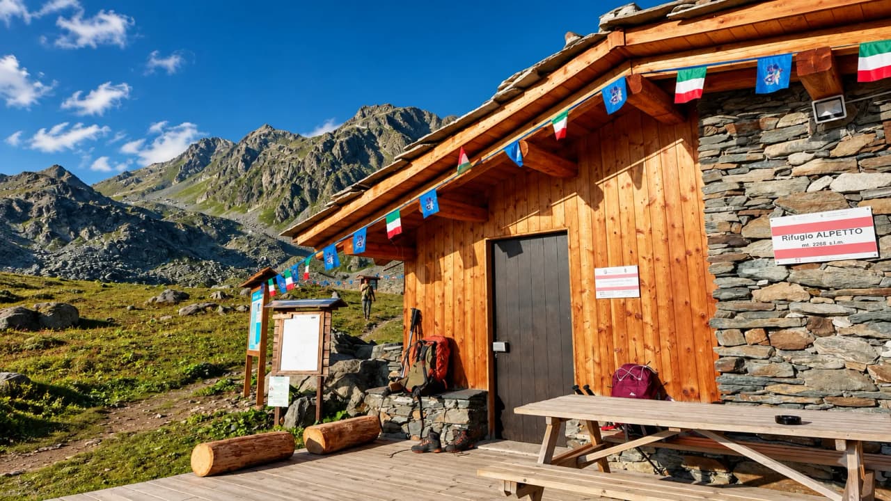 A cosy wooden cabin, set against a backdrop of majestic alpine landscapes and colourful flags – perfect for an adventure.