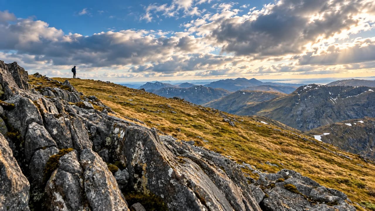 A hiker on a rocky ridge late in the day, looking out over the Highland mountains