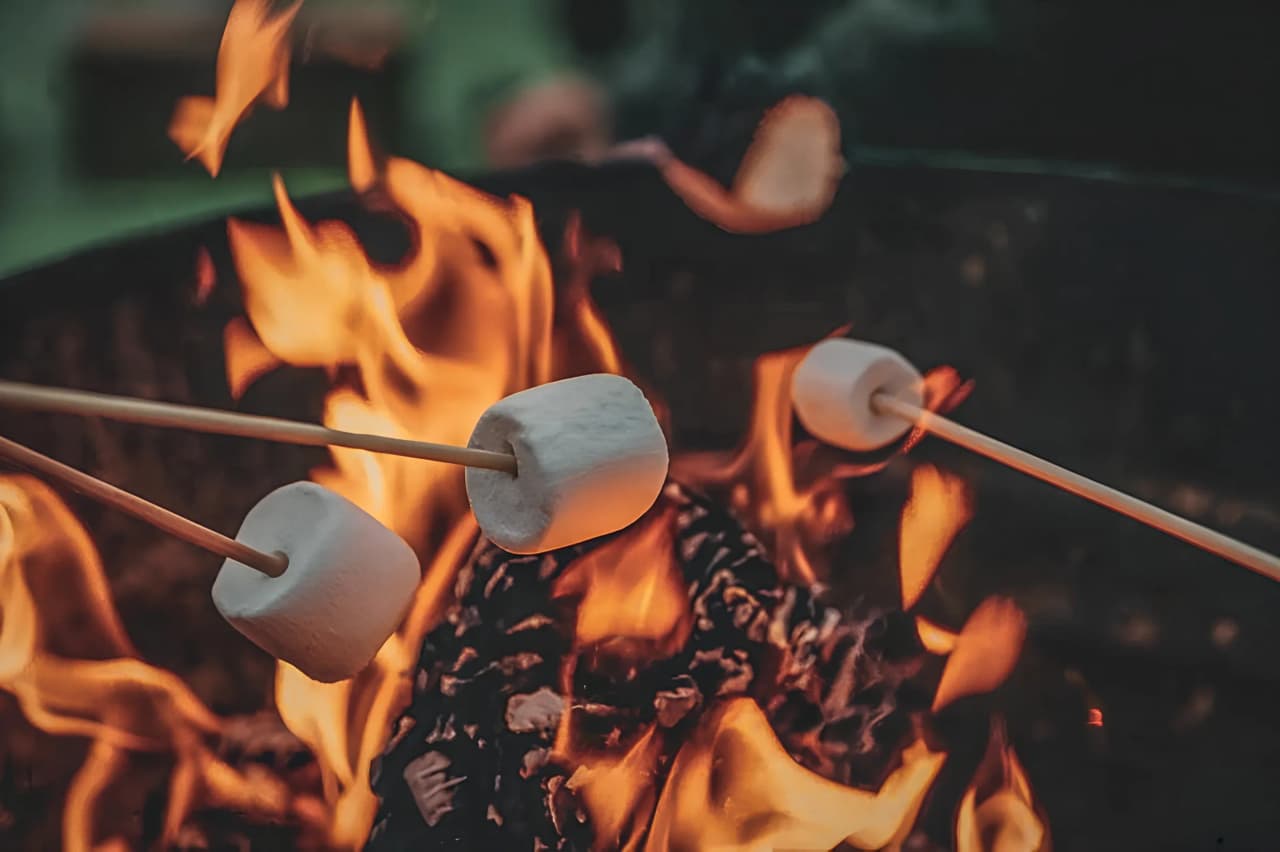 Marshmallows roasted by the fire, creating a cosy atmosphere under the stars.