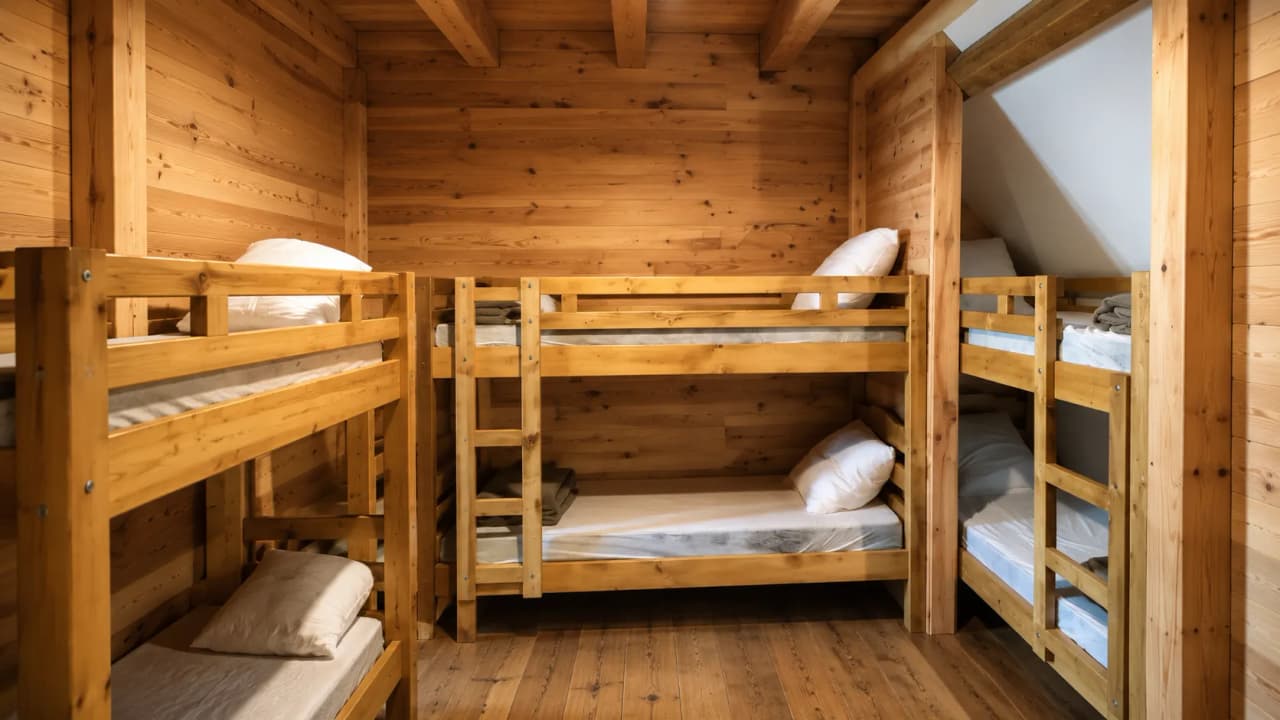 A cosy wooden room with bunk beds, perfect for recharging your batteries in the mountains.