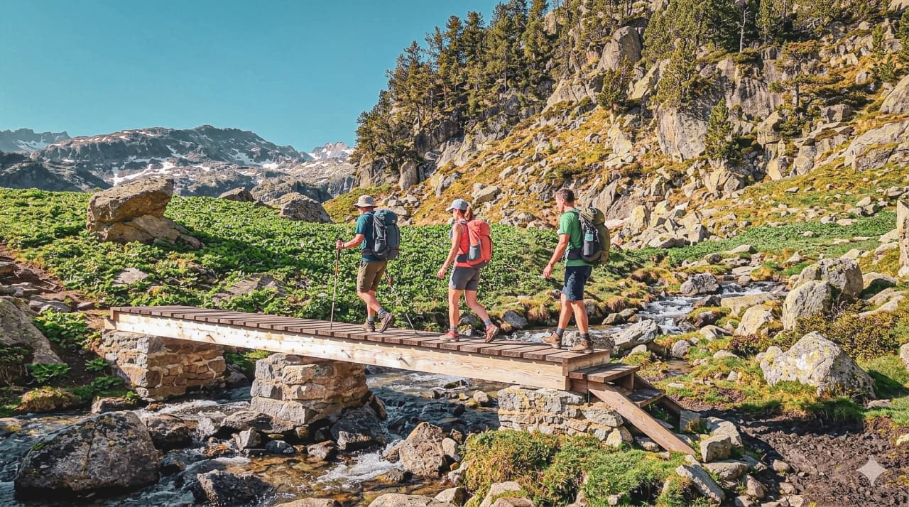Three hikers cross a wooden bridge, surrounded by mountains and green valleys.