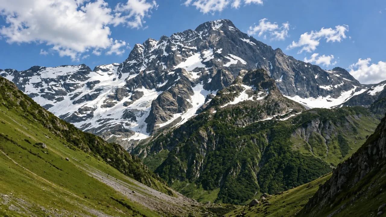 A majestic Alpine peak, flanked by glaciers and lush green valleys, beckoning you to embark on an adventure.