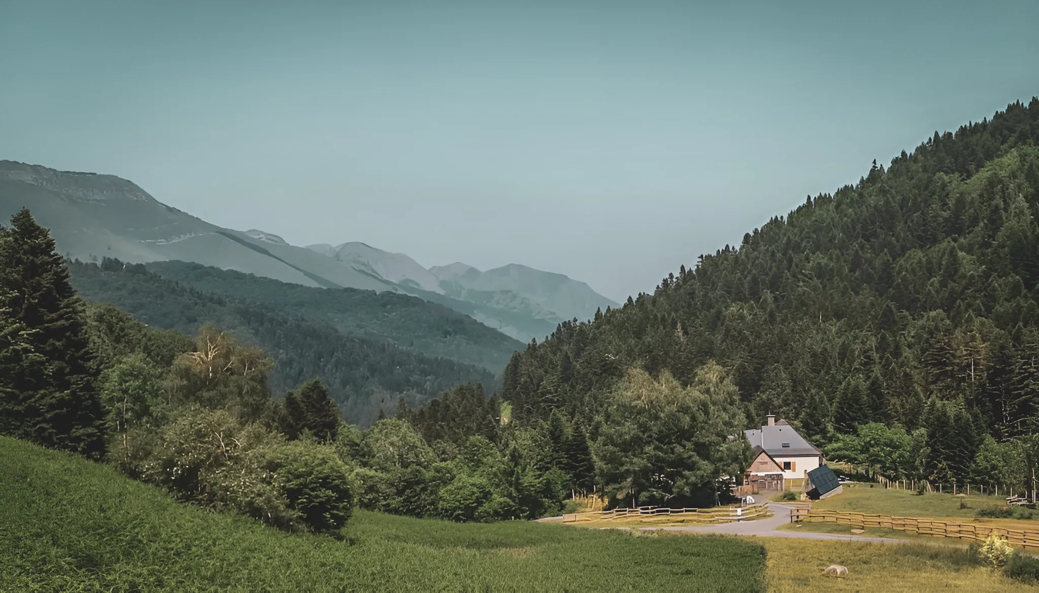 Een groen landschap in de Pyreneeën, omringd door bergen, nodigt uit tot avontuur en een wilde onderdompeling.