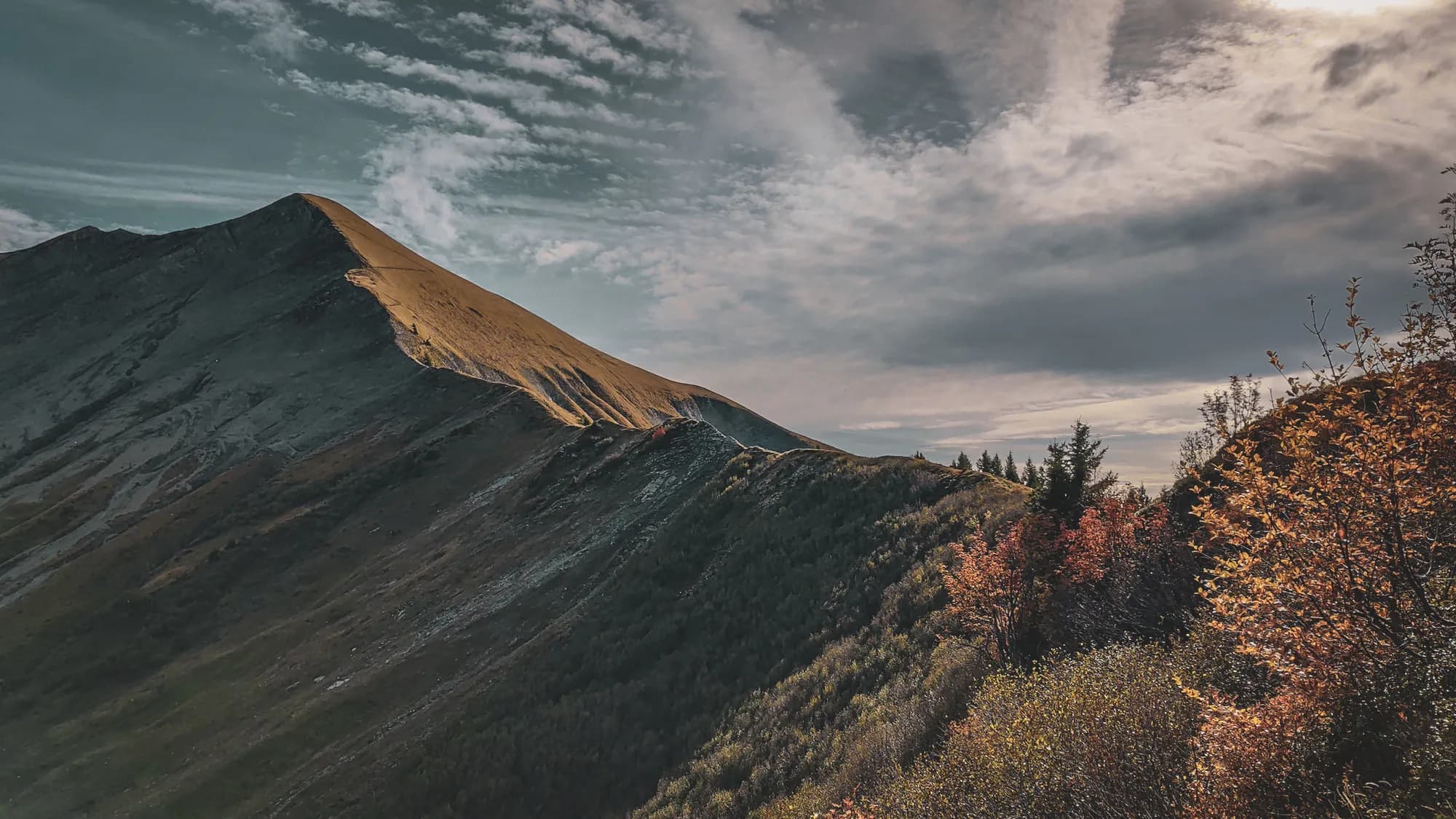 A majestic summit under cloudy skies, surrounded by colourful autumn forests.