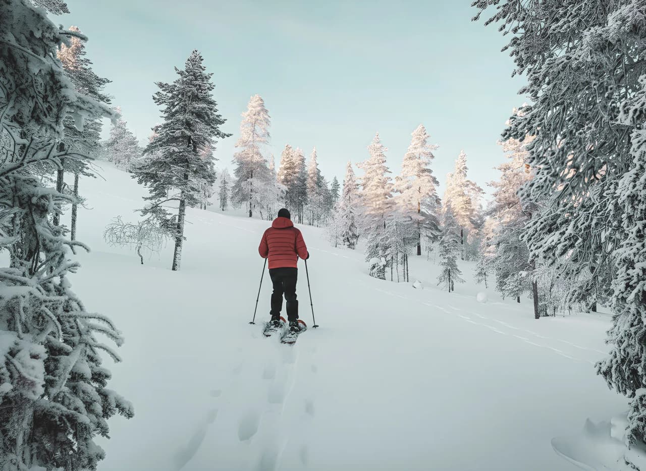 Randonneur en raquettes dans un paysage enneigé de Laponie, entouré de pins majestueux.